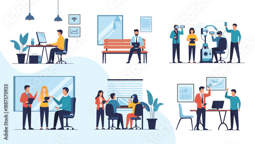 Diverse individuals working with technology including VR, robotics, and mobile devices in various settings.