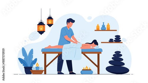 Male massage therapist providing a relaxing back treatment to a female client in a serene wellness spa.