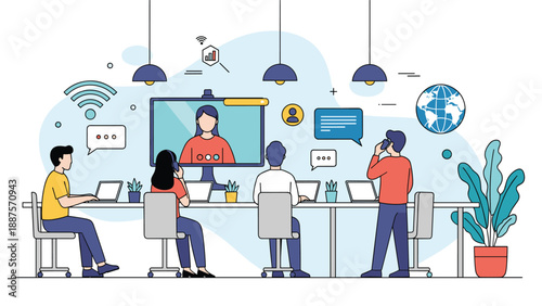 Remote team participating in a video conference with their colleague on a large screen in a modern office.