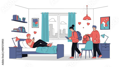 Students getting ready for school in a bedroom with one person on a bed using their mobile phone.