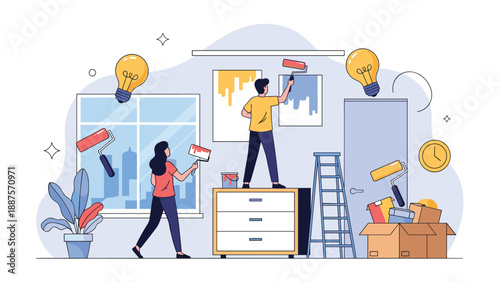 Couple painting their home walls with bright colors during a renovation project in a messy room.