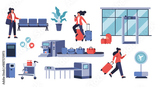 Travelers going through airport security and luggage check process at a modern departures terminal.