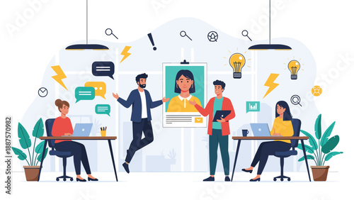 Creative brainstorming session in an office with floating ideas and lightbulbs representing innovation.