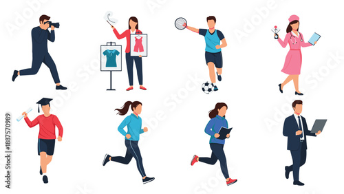 Variety of active characters including a photographer, nurse, runner, and business person in various poses.