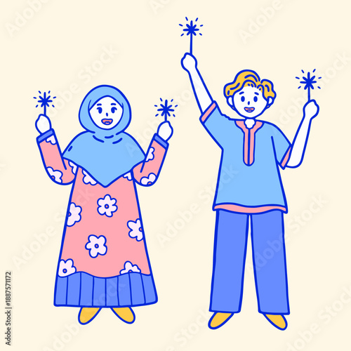 Cute Muslims Celebrating Eid Al-Fitr with Sparklers Vector, Hand Drawn Cartoon Man and Woman Illustration for Ramadan and Islamic Celebration Design