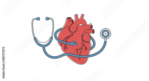 Abstract illustration of a human heart with a stethoscope, symbolizing cardiovascular health, medical check-ups, and the importance of heart care for wellness