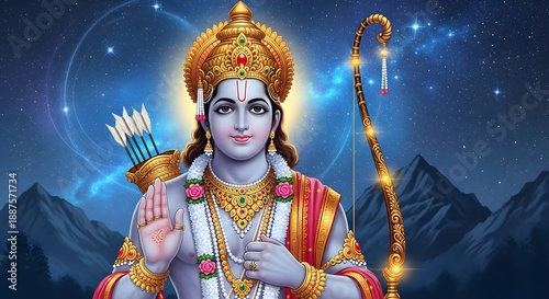 Lord Ram with bow and majestic background, made by Ai