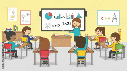 Diverse students engage in interactive STEM learning with a teacher at a smartboard in a modern classroom setting