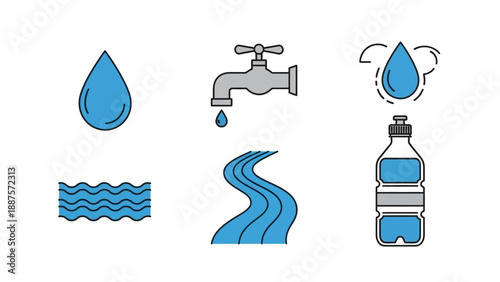 A collection of water-related icons including a droplet, waves, a faucet, a stream, and a water bottle