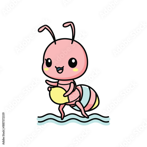 Cute pink cartoon ant with yellow cheeks carrying a yellow ball on a blue water surface