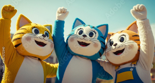 Cheerful Cartoon Animal Mascot Characters Celebrating Victory Together in Colorful Theme Park Scene with Fun Energy and Happy Expression