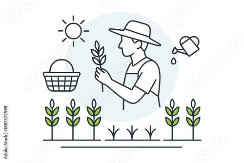 Agricultural worker inspecting grain stalk in a cultivated field with gardening tools and sun