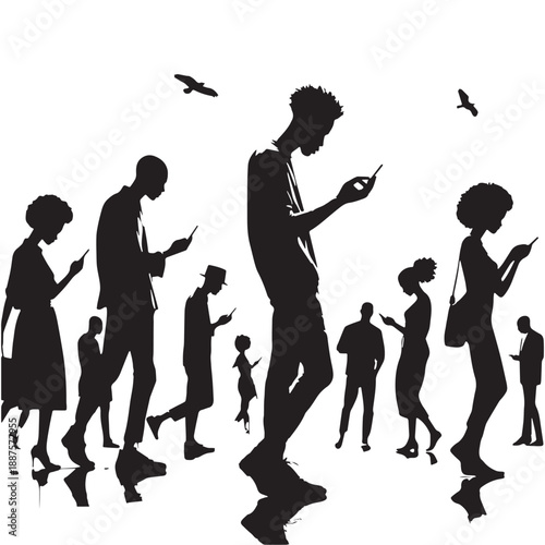 Black People putting away phones Silhouette Vector, High Quality Illustration on White Background