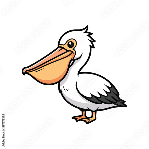 White bird with large orange beak standing on one leg