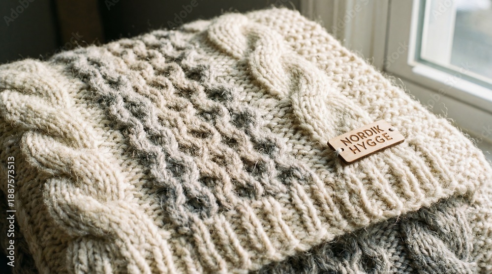 Fototapeta premium Cozy Nordic Hygge Knit Blanket with Cable and Fair Isle Patterns.