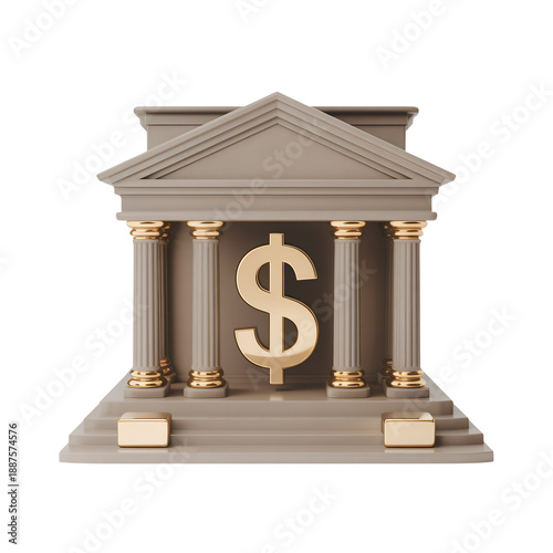 3D Bank Building with Dollar Sign in Classic Greek Architecture Style with Gold Accents on Beige Background for Finance
