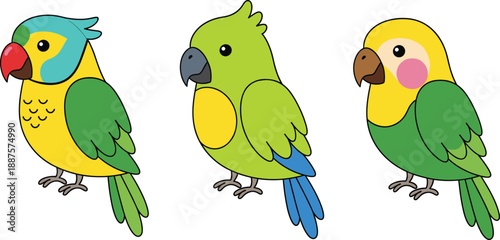 Cute parrot cartoon character vector set. Colorful tropical pet birds in simple flat style. Adorable parakeet illustrations for kids design, stickers, and branding.