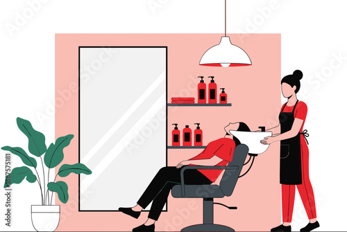Professional hair salon service illustration with stylist washing client's hair at wash station for beauty and spa branding vector
