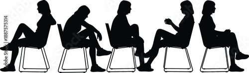 People sitting on chairs silhouette illustration showing different relaxed and thoughtful poses in bold black vector style for waiting, discussion, and lifestyle concepts