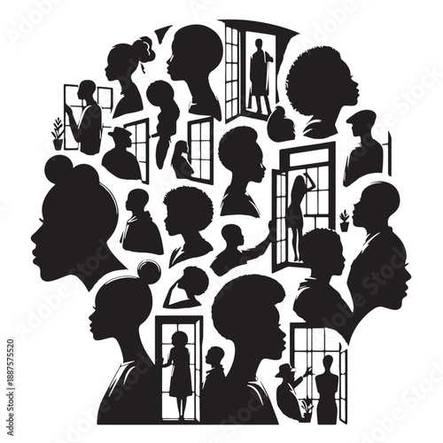 Black People looking out windows Silhouette Vector, High Quality Illustration on White Background