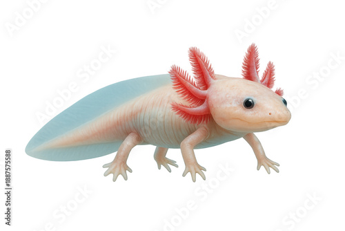 Leucistic axolotl with pink feathery external gills and pale blue tail photographed isolated on a transparent background