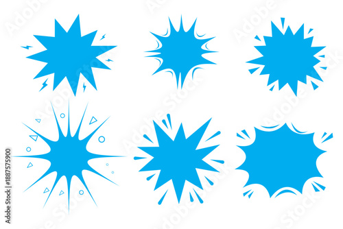 Collection of comic book style speech bubbles and explosion shapes in white, orange, and blue, set isolated on white background