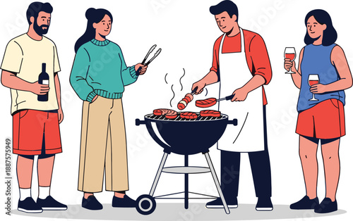 Friends enjoying backyard barbecue party with charcoal grill and wine for summer lifestyle and social gathering vector