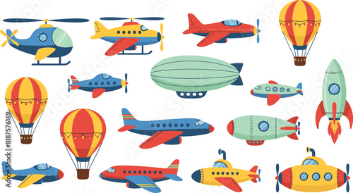 Colorful cartoon air transport illustration set featuring airplanes, helicopters, hot air balloons, blimp, rocket, and submarine in playful flat vector style