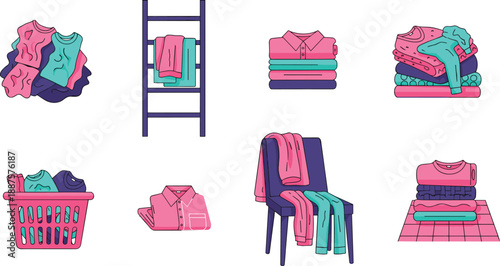 Colorful laundry and folded clothes illustration set featuring shirts, towels, baskets, and home organization elements in modern flat vector style