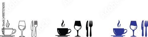 Restaurant and Dining Icon Set with Coffee Cup Wine Glass and Cutlery