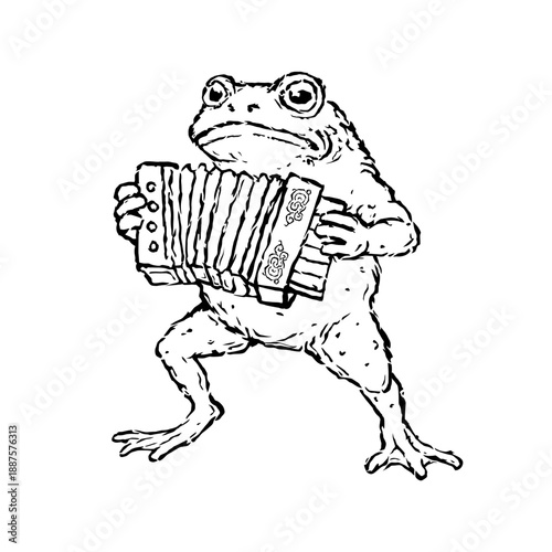 Medieval Marginalia Style Frog Playing Accordion in Absurd Naive Manuscript Illustration