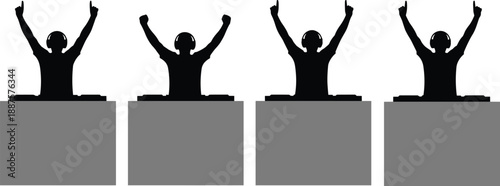 DJ silhouette illustration set showing disc jockeys raising hands behind turntables, perfect for music events, nightlife, party promotion, and club culture design concepts