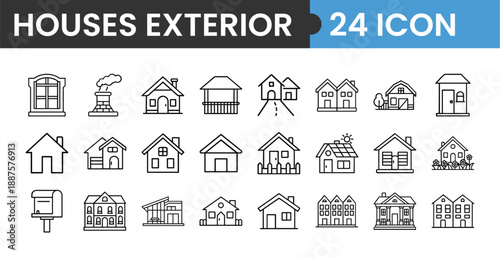 Collection of 24 house exterior icons in simple line art style