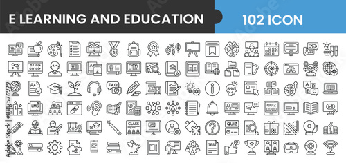 Collection of 102 e learning and education icons in simple design