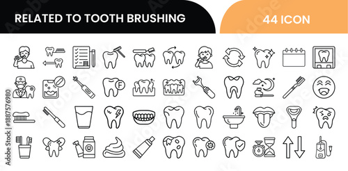 Collection of 44 icons related to tooth brushing and dental hygiene