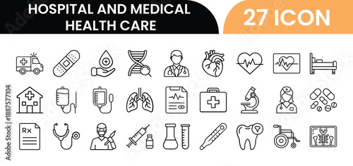 Outline Hospital and Medical Health Care Icon Set in Line Art Style for Healthcare Services, Clinics, Treatment, and Digital Interface Design