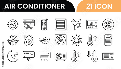 Air Conditioner icons set with 21 different symbols and graphics