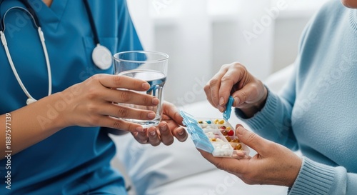 Healthcare worker assisting senior patient taking pills from a weekly organizer with water, emphasizing professional care and medication adherence.