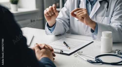Healthcare Professional Explaining Drug Dosage or Procedure Size to Patient During Medical Consultation, Ensuring Trust and Clear Treatment Communication.