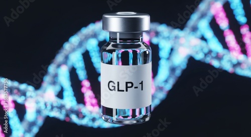 GLP-1 Drug Vial Showing Advanced Hormonal Treatment against DNA Structure. Biotechnology concept for diabetes and obesity pharmaceutical sales.