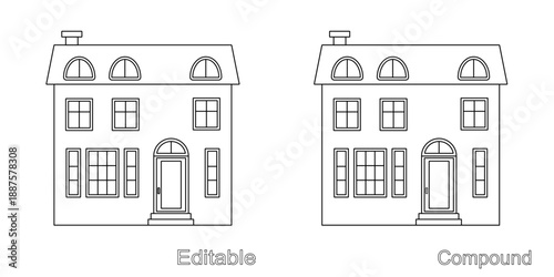 Country house on a white background. Editable and compound outline drawing, isolated. Linear icon, vector illustration. Template for coloring page.
