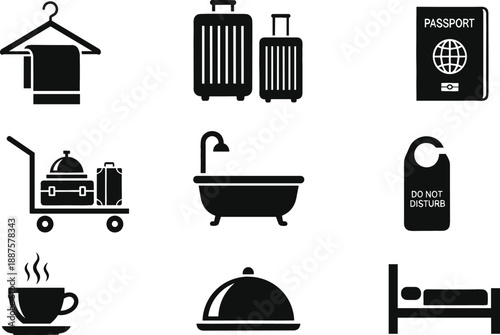 Hotel and travel icon set with luggage passport room service and do not disturb sign for hospitality branding and tourism vector