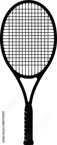 Tennis racket silhouette with detailed string pattern and grip for sports equipment branding and athletic club vector