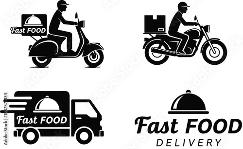 Fast food delivery icon set with scooter rider motorcycle courier truck and cloche logo for restaurant shipping service vector