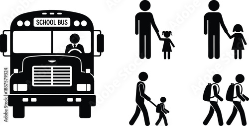 School bus and student safety silhouette set with school bus driver and children walking to school for educational transportation vector