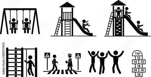 Playground and school safety icon set with children on swings slides crosswalk and hopscotch for community park and education vector