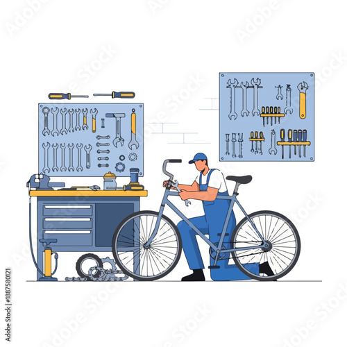 A mechanic in a blue uniform repairing a bicycle in a workshop with various tools on the wall and workbench. Perfect for repair services, cycling tutorials, and maintenance guides.