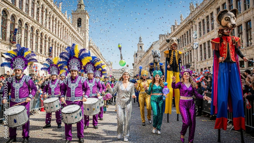 Carnival parade with costumed performers on stilts and drummers celebrating a festive street event with confetti