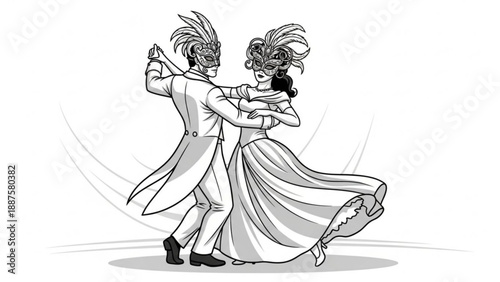 Couple in masquerade masks dancing ballroom waltz elegant vintage formal attire romantic celebration event vector illustration