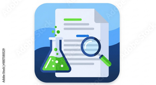 Science research document with beaker and magnifying glass on blue background
